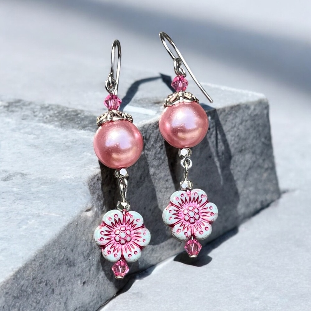 Handcrafted Pink and Silver Floral Drop Earrings